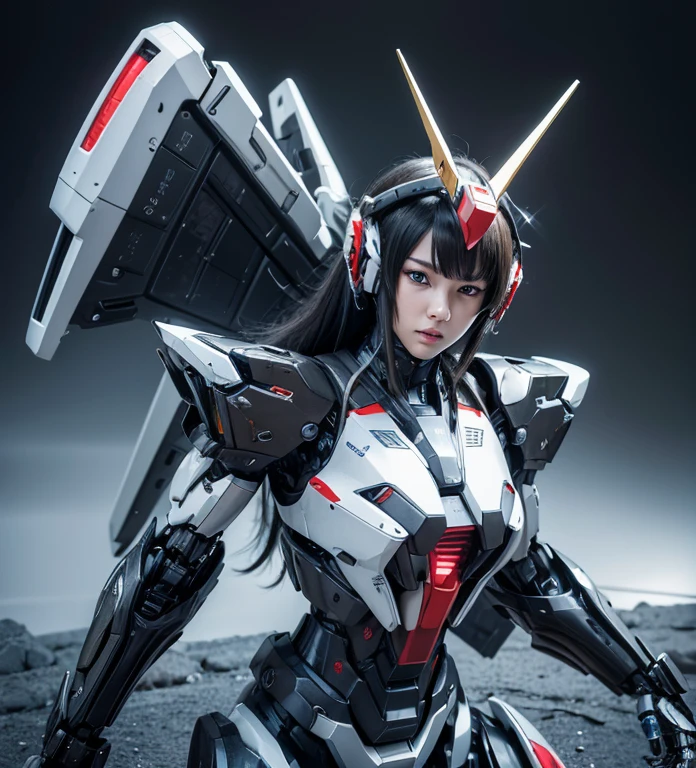 Textured skin, Super Detail, Attention to detail, high quality,high quality, High resolution, 1080p, hard disk, beautiful,(Gundam),Beautiful cyborg woman,Mecha Cyborg Girl,battle mode,Girl with a mechanical body,She wears a futuristic Gundam mecha,Full Body Shot,A powerful cyborg woman, sleek and futuristic, with advanced mechanical augmentations that enhance her strength and capabilities