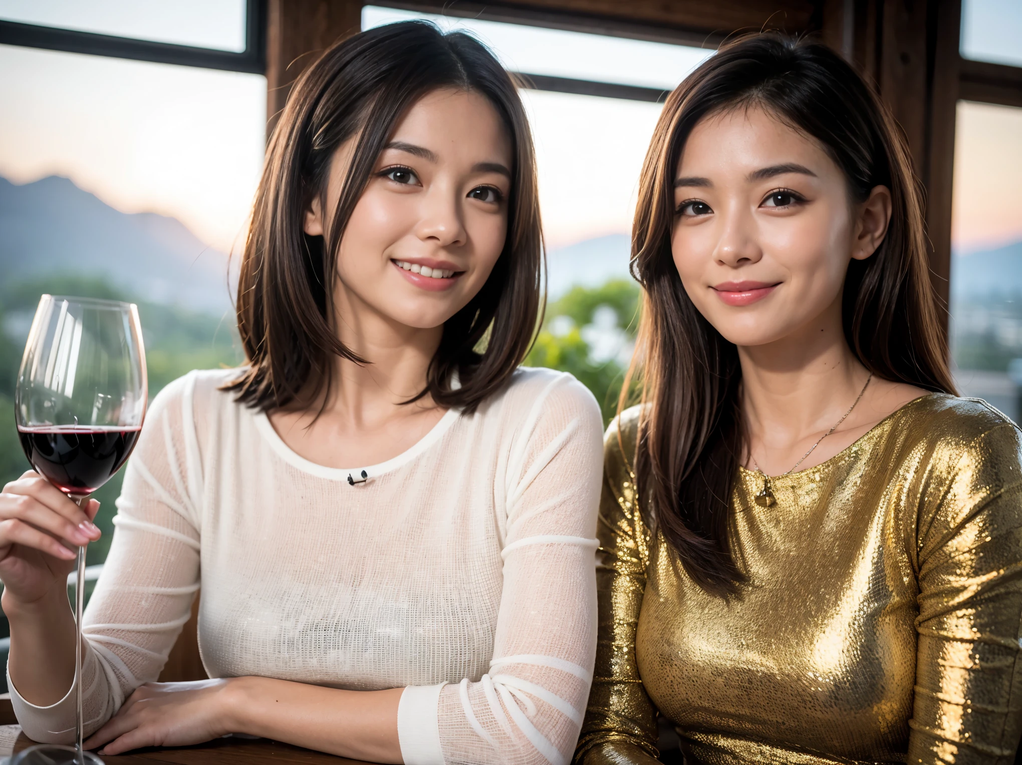 ((highest quality、8k、masterpiece:1.3))、1 male、1 woman who resembles Satomi Ishihara、Couple、Spouse、Couple、The body is slim、((Bob Hale、Straight hair:1.2)), (Realistic, Intricate details:1.2), テーブルの上のwine glass、Put the light on your face、 Amazing view of the sunset sky and clouds、Amazing mountain views、A bright smile、The wonderfulness of smile、Bright image、The beauty of wine, Beautiful Face, blue eyes, The light shines on your face, Blushing, short hair,Bright Face、 (Age 37), 39 years old, red wine 、Appetizers、Italian food、Wine bottle、Champagne、sparkling wine、Two beauties、Brown Hair、Shortcuts、Long sleeve shirt、dress、Pretty Woman 1, (slimな顔), (The body is slim), (Brown Hair), (Shortcuts), cheeks turn a little red,Attractive beauty、restaurant, In a prominent place (From the waist up) Nova Frog Style, actress, model, Upper Body, White wine, slim, wine glass, 中央に置かれたwine glass, smile, (smile: 1.15), Beautiful fine grain, Depth f/2,saturation, High Contrast, Strong light and shadow,Moist Body:1.5、3D texture、Delicate eyes、Brown Hair、The hair is very shiny、