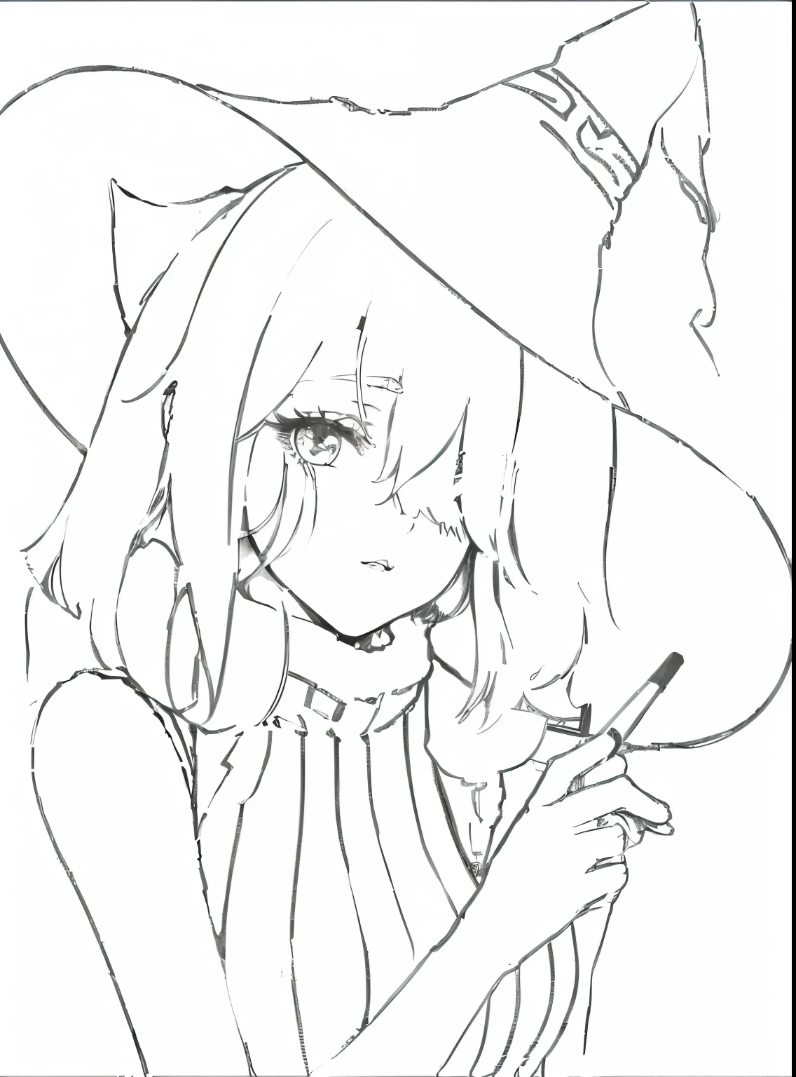 a drawing of a girl in a witch hat with a cat, intense line art, line art!!, clean lineart, lineart, thick lineart, clean anime outlines, thick line art, perfect lineart, simple lineart, thick black lineart, intense black line art, line sketch!!, bold lineart, line sketch, clean line art