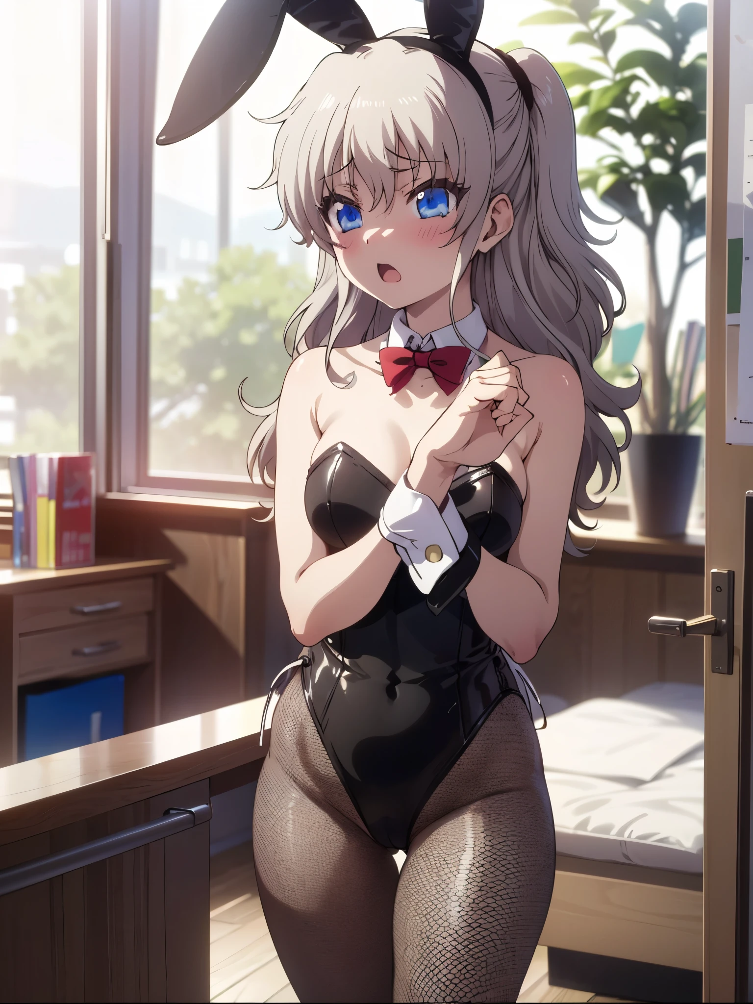 NSFW,1 girl,nao tomori,(Playboy Bunny:1.5),Fishnet tights,Streaks,(Perfect hands),(Perfect Anatomy),(masterpiece),(highest quality),Embarrassed,blush,School,classroom,Festivals