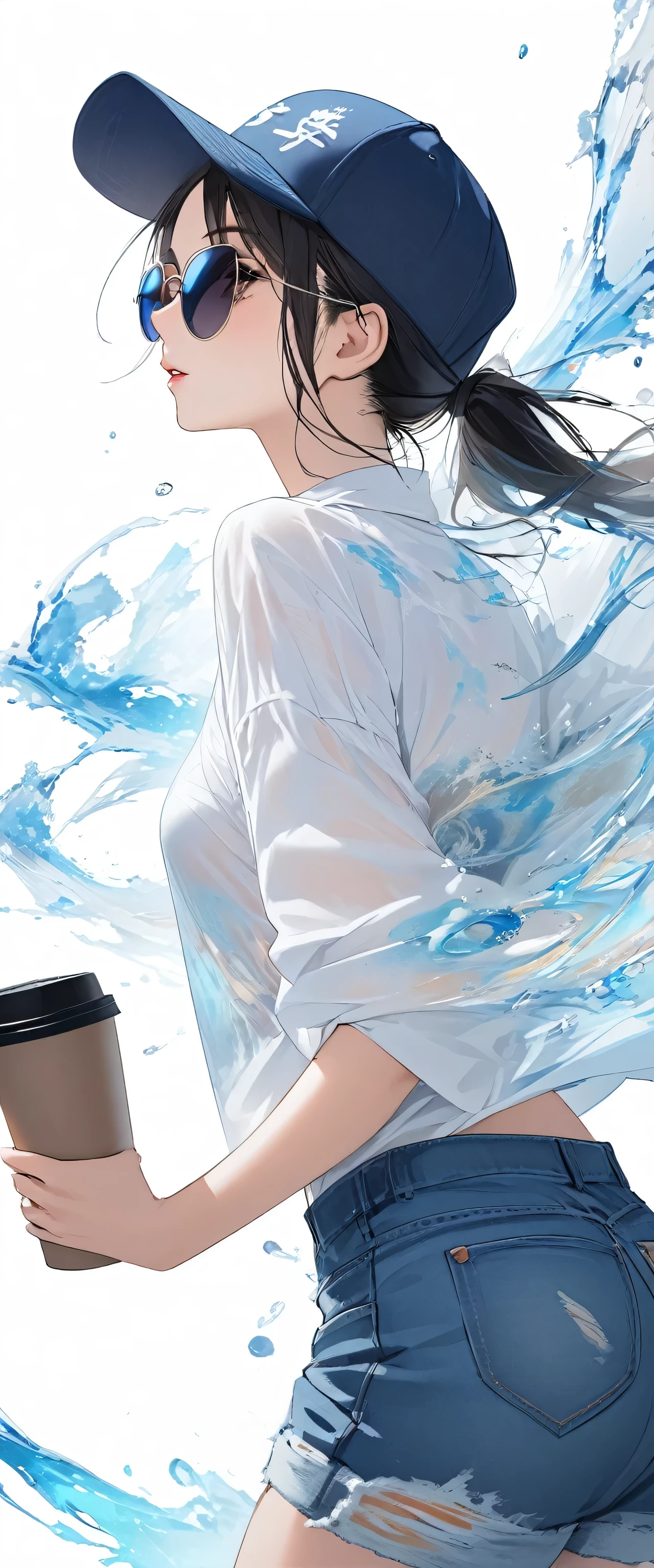 Oriental beautiful girl，sideways，Looking over the shoulder，White transparent real-life painting，Colorful water splash rendering，Facial texture is clear，Dark blue baseball cap worn backwards，loose white shirt，Blue distressed denim shorts，sunglasses，White sand background，messy strokes，holding a cup of coffee in hand