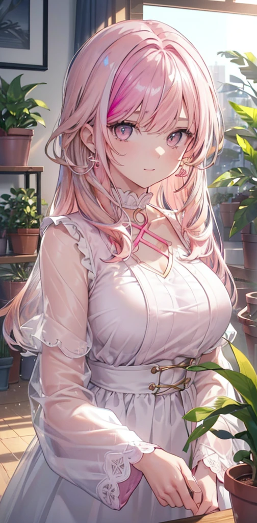 ((masterpiece)), breasts, looking_at_viewer, short hair, (multicolored_eyes:1.5), (pink hair:1.8), bangs, blue_eyes, ((light_smile)), (long locks:1.4), (ribbon earrings) , masterpiece, best quality, high quality, absurd, shiny skin, colorful, dynamic pose, stunning art, best quality, hyper detailed, dynamic angle, beatlful detailed, reflective hair, good lighting, ray tracing, depth of field, ultra -detailed, illustration, amazing, fine detail, extremely detailed, ((ultra-detailed)), (beautiful girl detailed), beautiful detailed shine, intricate detail, highres, an extremely delicate and beautiful, beautiful detailed eyes, realistic, HDR, round eyes, detailed facial features, (illustration), (beautiful detailed eyes), ((very detailed face)), depth_of_field, eyebrows_visible_through_hair, ruffles, looking_at_viewer, (upper body: 1.4), clothes reflecting light, (diffraction of light on skin: 1.35), (shiny skin: 1.55), (Iridescence Effect: 1.55), clavicle, white_shirt, long_sleeves, choker, flower, camera, (indoor, potted plant: 1.5), critical angle,