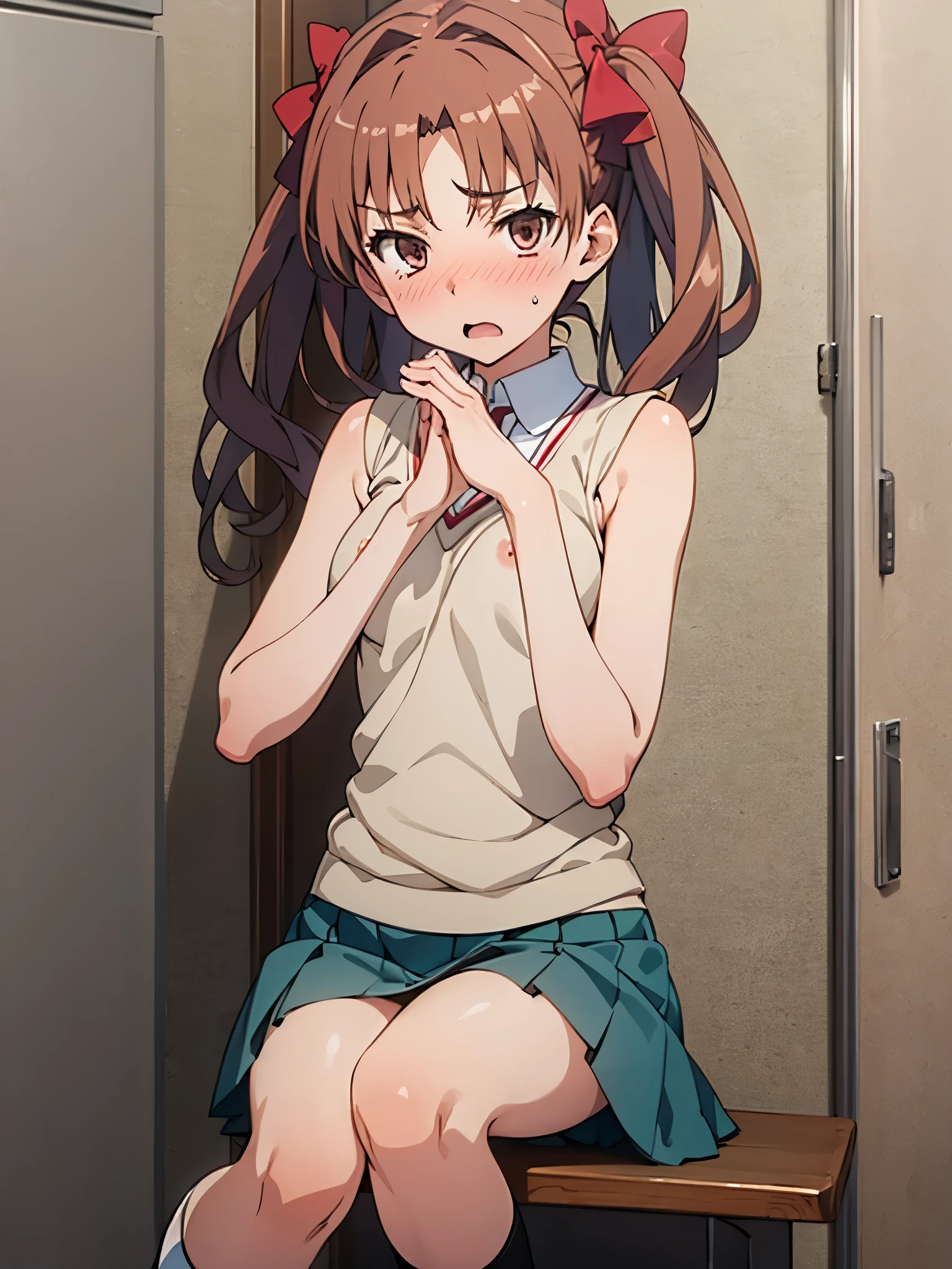 NSFW,1 girl,shirai_kuroko,Tank top,Micro Mini Skirt,Knee-high socks,(Perfect hands),(Perfect Anatomy),(masterpiece),(highest quality),Embarrassed,blush,Ground