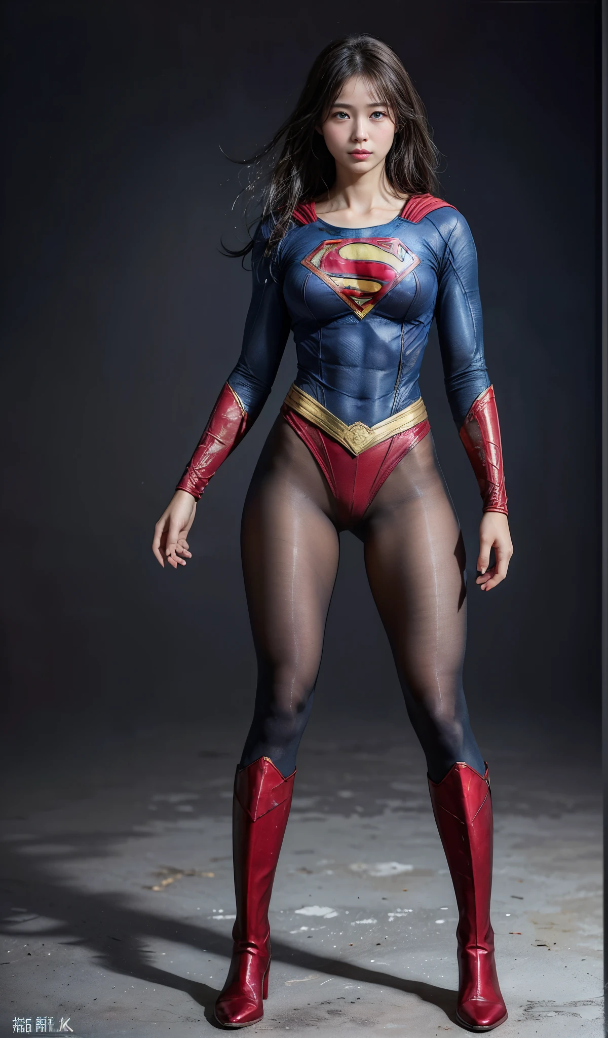 No background、(((Beautiful legs in black tights.)))、(((Legally express the beauty of your smile)))、((((Make the most of your original images)))、(((Supergirl Costume)))、(((Beautiful Hair)))、(((suffering)))、(((Please wear black tights....、Wear red boots)))、((Best image quality、8k))、((highest quality、8k、masterpiece:1.3))、(((Preserve background )))、Sharp focus:1.2、Beautiful woman with perfect figure:1.4、Slim Abs:1.2、Wet body:1.5、Highly detailed face and skin texture、8k
