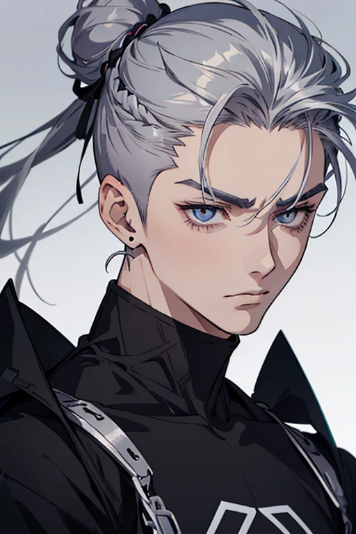 Anime man gradient gray hair on shaved sides flips hair to the left side in the middle serious face with black earrings sweatshirt big circles under his eyes extremely perfect eyes bun hair loose in front
