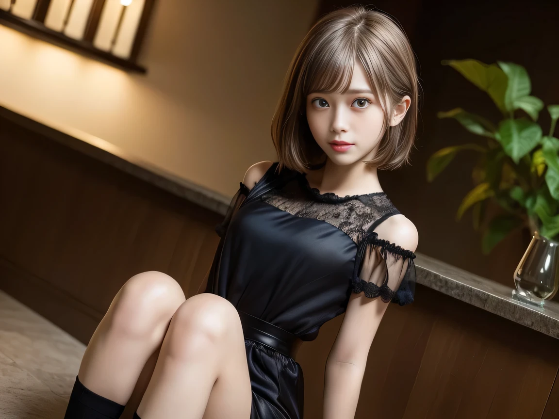Ultra HD,(8)k,(1 Female:1.2 Beautiful and natural、High quality texture, Intricate details, Fine texture, High Detail, Highly detailed CG, High Quality Shadows, Realistic facial expressions, Beautiful and delicate face down to the last detail, Beautiful and delicate eyes, Brown pupil, A perfectly balanced face, Depth of written boundary, Cinematic Light, Lens flare, Ray Tracing,perspective, (Big eyes:1.2),Blushing cheeks, Perfect body,(Dutch Angle,Excellent anatomy,, elegant, Bright colors, 、smile、Waist、((Mini Dress))、Small Mouth、(Large Breasts)、((Black clothing))、((bar))、((furubody))、Glossy clothing、((Silk luster))、Silk dress、(())、(very short hair/extra short),(night)、night scene、( Tulle skirt)、(Lace top)、(Ultra short hair)、(Berry Short)、
