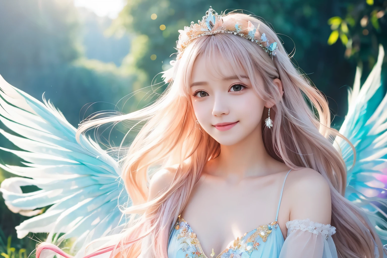 Use magic,heaven,tiara,Fairy,Lolita,woman,Smile,Short sleeve,race,Lens flare,magical energy,healing,Sparkly Background,noon,summer,Light of the sun,Light background,Light blue sky,cute,Princess,clear,happiness,Angel Wings,Fairyの羽,Silky shiny hair,Glossy Skin,Long Hair,Fairyland,Soft light,,dream,hope,Pop Art,pastel colour,Big Rainbow,Sparkling Eyes,fine,Non-Adult,High resolution,light peach-colored hair,Wavy Hair,Thin eyebrows,Fluffy Feathers,Feathers fluttering