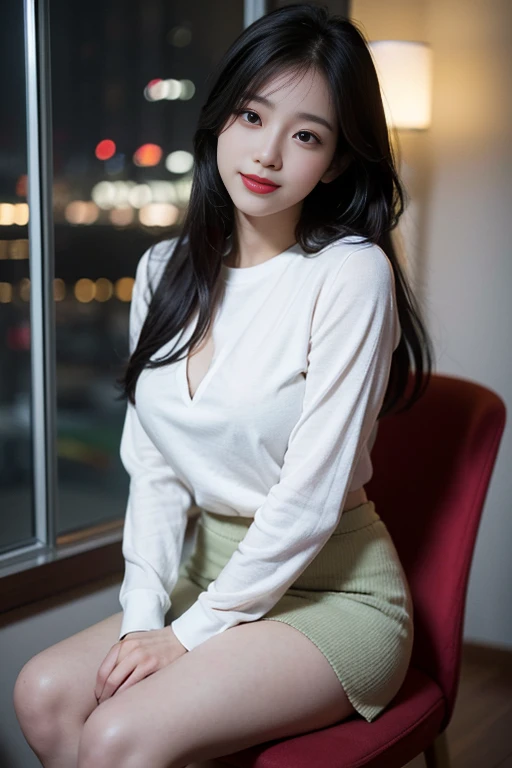 full body, A korean girl sitting on the chair, (24 years old korean girl), (white blouse and tight colorful mini skirt), lift hands and behind head, black long hair, masterpiece, (best quality), highres, korea girl, (realistic, photo-realistic:1.4), (korean idol:1.2), detailed beautiful eyes and detailed face, Korean female idol-type face, red lips, blightly smile, medium breasts, in the dark office, meeting room, night city scenery,