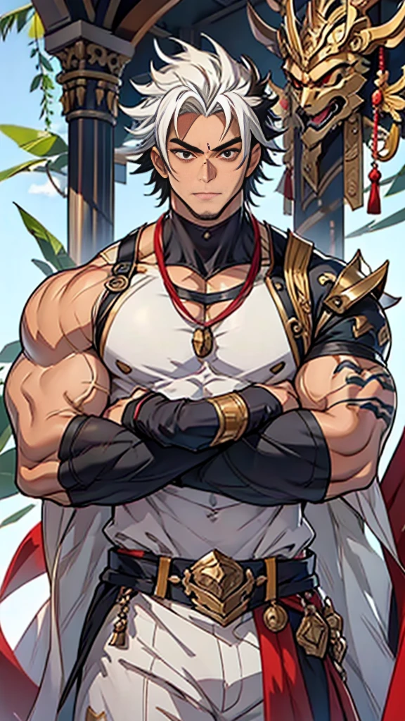 Prominent pectoral muscles,show off thick arms to the audience，closeup of arms，Shoulders exposed，Stout arms，A mais alta qualidade de imagem，Pessoas do sexo masculino，Child，1 ******，jovem e bonito，Shoun，cabelos brancos，Cabelo liso curto，Pele escura，Anime peito grande，anime wallpaper，sozinho，Foco Masculino，cuecas，Dilation of the pectoral muscles，capa vermelhirilha saliente，Fundo Urbano，Espalhe as pernas，sexy,(master part, best quality),meias brancas longaotas Red Martin，strong,very big man