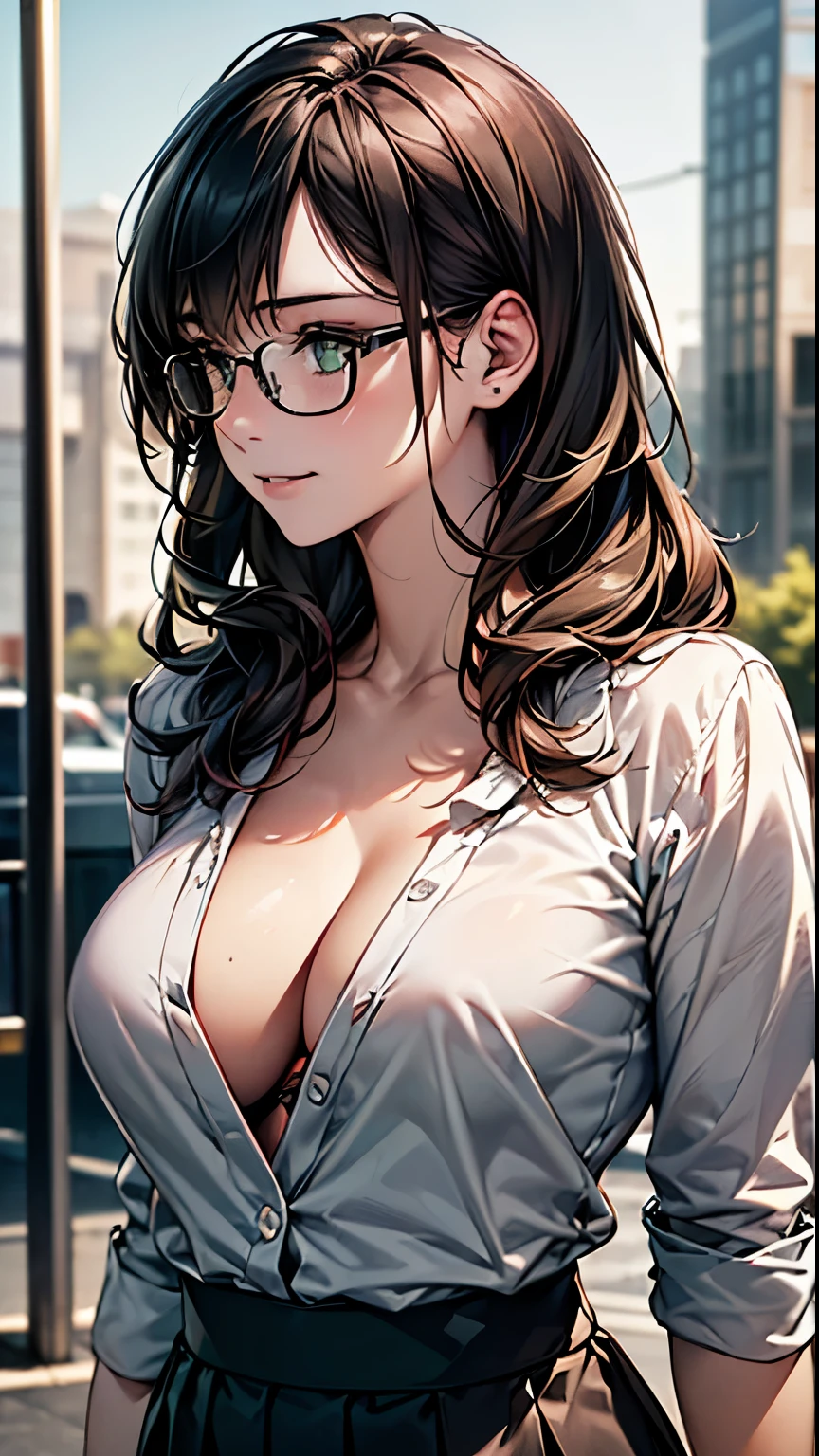 (Browsing Caution:1.2), (8k, RAW Photos, Best image quality, masterpiece: 1.4), (Highly detailed CG Unity 8k wallpaper, highest quality, High resolution: 1.2), (Ultra_Familiar, 超High resolution: 1.2), super highly Familiar, (Realistic, Realistic: 1.48), 1 girl, Focus Only, Side Lock, bangs, ((Dark green eyes:1.4, Round eyes, Beautiful eyelashes)), Clear Eyes,Big Breasts,Shiny Hair, beautiful Familiar cold face,Captivating smile, Beautiful and delicate eyes with exquisite detail,Extremely accurate details,Skin dents,Outdoor,Perfect Face,Perfect body, Beautiful Eyes, Beautiful Face,(Portraiture:1.5),Beautiful clavicle,Upward glance,Very cute woman, ((The action of combing hair:1.3))、Black Hair、Long Hair、OL、Office Wear、Business Casual、shirt、skirt、pants suit、blazer、all、accessories、Glasses、Hairstyle、make、Professional、confidence、Grace、efficiency、liability、Loyalty to the organization