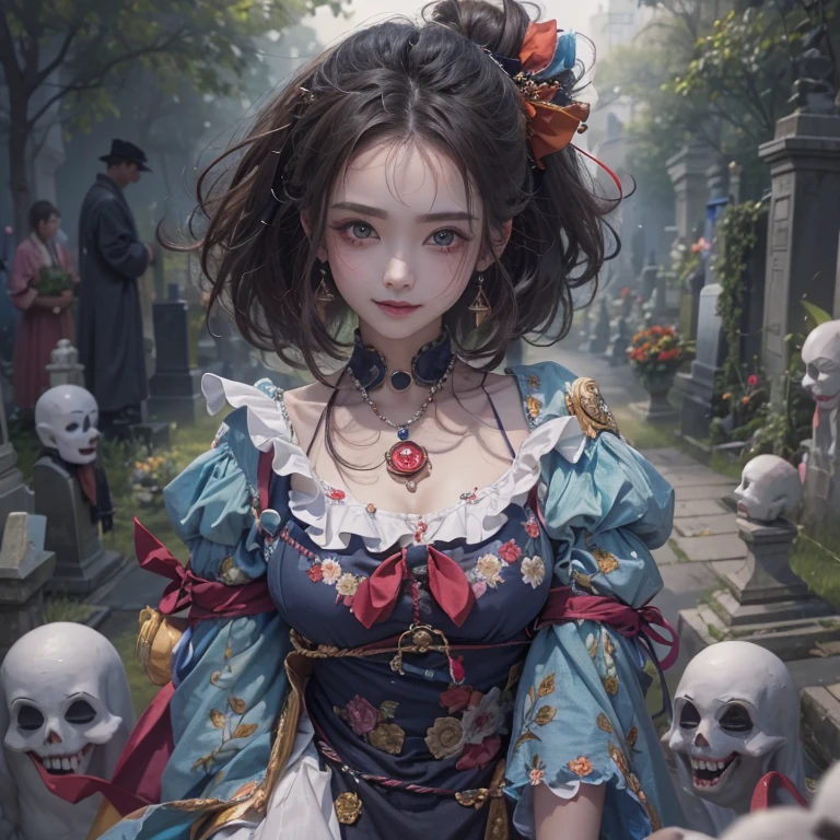 Standing in the grave、Hair flow、 ((highest quality、masterpiece、8k、Best image quality、Ultra-high resolution、Award-winning works)、(Accurate anatomy:1.1)、(Look at me and smile:1.1)、Shining fair skin with Ultra-high resolution、The most detailed face、Ultra-high resolution detailed face、Ultra-high resolutionの髪の毛、(Ultra-high resolution eye:1.1)、Beautiful face drawn in every detail、Cheerful clown costume, Chest to chest, Strange atmosphere, Ghosts flow, Dark Light, At the cemetery, Heavy makeup