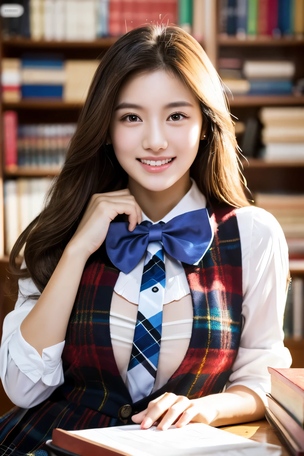 best qualtiy,tmasterpiece,Ultra-high resolution,(Reality:1.4),RAW photogr,1girll,long whitr hair,Face Highlighting,Pure,Girly,Flushing,18yr old,18-year-old smiling female classmate,Pure,Innocent,(best qualtiy,8K,tmasterpiece:1.3),Goose egg face,largeeyes,long eyelasher,Exquisite(live-action realistic style),Star-like eyes,Ultimate face,Photorealistic light and shadow,Clear facial features,Milky white skin,Fair skin, highdetailskin, Realistic skin details, Visible Pore,(Super detail),(perfect bodies:1.1),long whitr hair,(dynamicposes),((Dynamic background((volumettic light:1.3)),Classroom,Plaid skirts,red bowtie,huge tit,White color blouse,There was a stack of books on the table,The blackboard is full of mathematical formulas