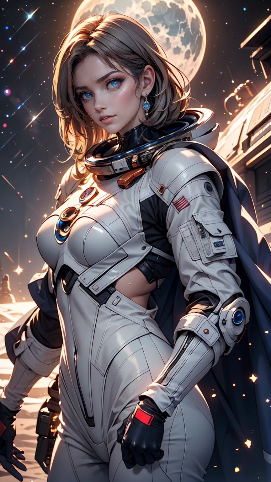 highest quality, Ultra-high resolution, (realism: 1.4), Depth of written boundary, Beautiful Face, (Purelos Face_v1: 0.8), Half Body, | | One girl, Mid-chest, (Gray Hair: 1.3), An innocent smile, Natural Makeup, | | | Model pose, | | (Spacesuit: 1.3), (Blue Armor: 1.3), Exquisite design, | | Space Background, performer_(null), moonlight, night, | |