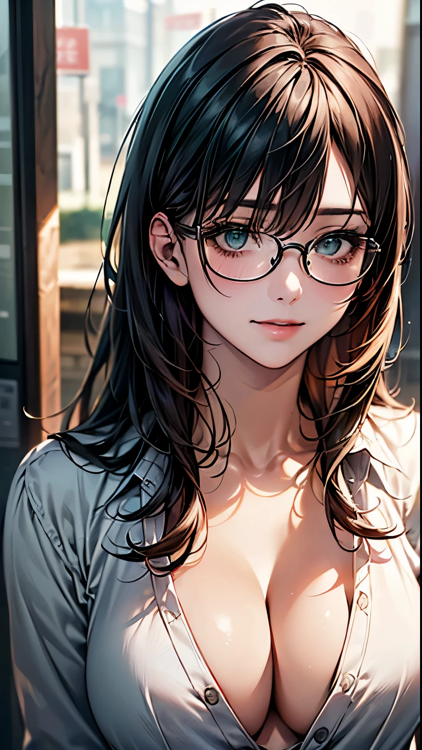 (Browsing Caution:1.2), (8k, RAW Photos, Best image quality, masterpiece: 1.4), (Highly detailed CG Unity 8k wallpaper, highest quality, High resolution: 1.2), (Ultra_Familiar, 超High resolution: 1.2), super highly Familiar, (Realistic, Realistic: 1.48), 1 girl, Focus Only, Side Lock, bangs, ((Dark green eyes:1.4, Round eyes, Beautiful eyelashes)), Clear Eyes,Big Breasts,Shiny Hair, beautiful Familiar cold face,Captivating smile, Beautiful and delicate eyes with exquisite detail,Extremely accurate details,Skin dents,Outdoor,Perfect Face,Perfect body, Beautiful Eyes, Beautiful Face,(Portraiture:1.5),Beautiful clavicle,Upward glance,Very cute woman, ((The action of combing hair:1.3))、Black Hair、Long Hair、OL、Office Wear、Business Casual、shirt、skirt、pants suit、blazer、all、accessories、Glasses、Hairstyle、make、Professional、confidence、Grace、efficiency、liability、Loyalty to the organization