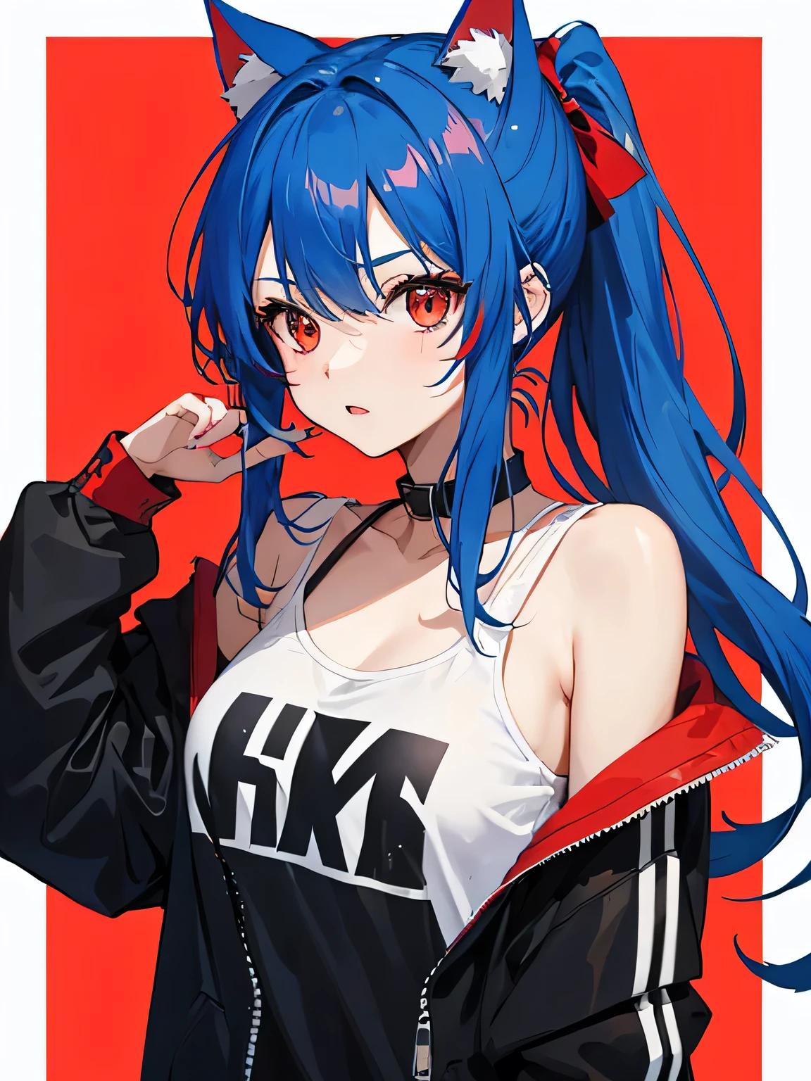 teenage girl, red eyes, blue cat ears, blue hair, ponytail hair,