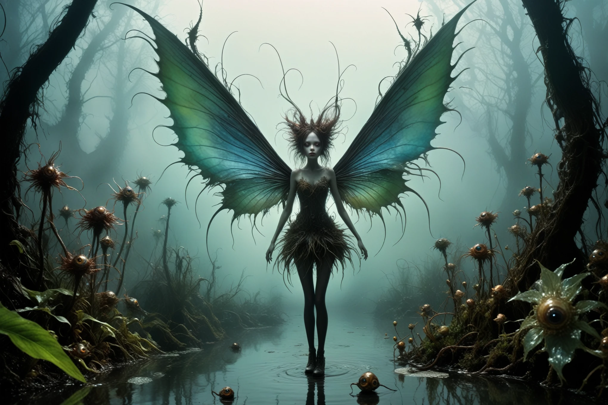 a graphite copper plant Scariest ,made of dead plants,a girl made of plants of Silent Hill, atmosphere with backlit,forest city chinesse pixie,A charming and fascinating creature with otherworldly forms that blend the best aspects of the monster human form and the innocent charm of a precocious , once pretty, wings, (best quality: 1.4), (masterpiece: 1.2), detailed, complex, high resolution, iridescent colors, texture, complex, gorgeous, 3D, highly detailed, (Professional photography, extremely detailed),Tim Burton, Dale Chihuly, Bruce Zheng, extremely detailed, high detailed eyes,8k resolution,RAW,retina, Nikon Z9,Nicola Samori, Sergey Zabelin,Aerith Gainsborough,pale demon woman crawling out, a foggy marsh on background, horror movie, cinematic look, creepy aesthetic, ultra detailed, photorealistic, masterpiece.