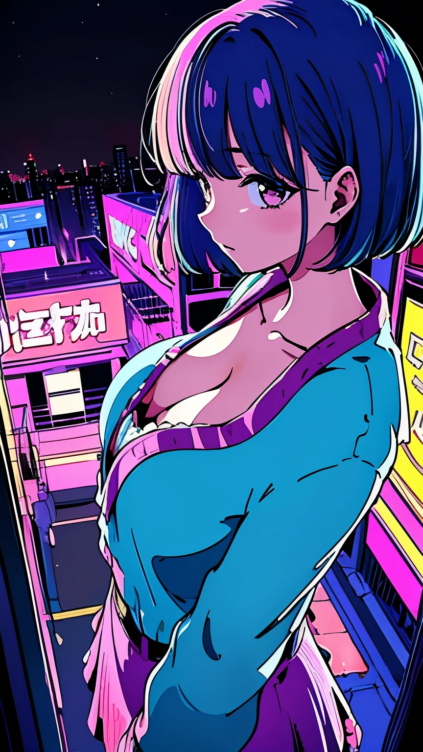 (Super detailed)),highest quality,8k,High resolution, Female cleavage, In town, Suzu Hirose-style hairstyle, Date Night,Woman profile, Focus on the chest, Looking from above, ((A peek into the cleavage)), Lo-fi atmosphere, From the top of your head, ((Woman view from above:1.3)), ((Big Breasts)), Walking, The background is a neon street