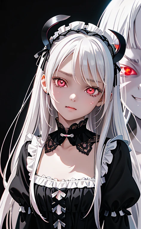 (Photorealistic:1.4)、asuna,(masterpiece、lens flare:1.5、spot light:1.2、Exquisite beautiful eyeonochrome:1.5,portlate、)(little devil),()
、Cute Face、 3D Face、(pearl white hair:1.5、Straight Hair)、(two side up),(1 Girl)、(Red eyes:1.2)、(upper body)、(evil Face:1.6)、(head tilt) ,(Cute face:1.2),(flat chest),(),kind face,(white lace frilled gothic lolita),(black background:1.5)、(glowing eyes:1.3)、()、 Neat and clean、Adorable、Slim Body(Tareme:1.5),Shiny Hair、(Glowing pink Skin)、Nijisketch,Manga,zydG