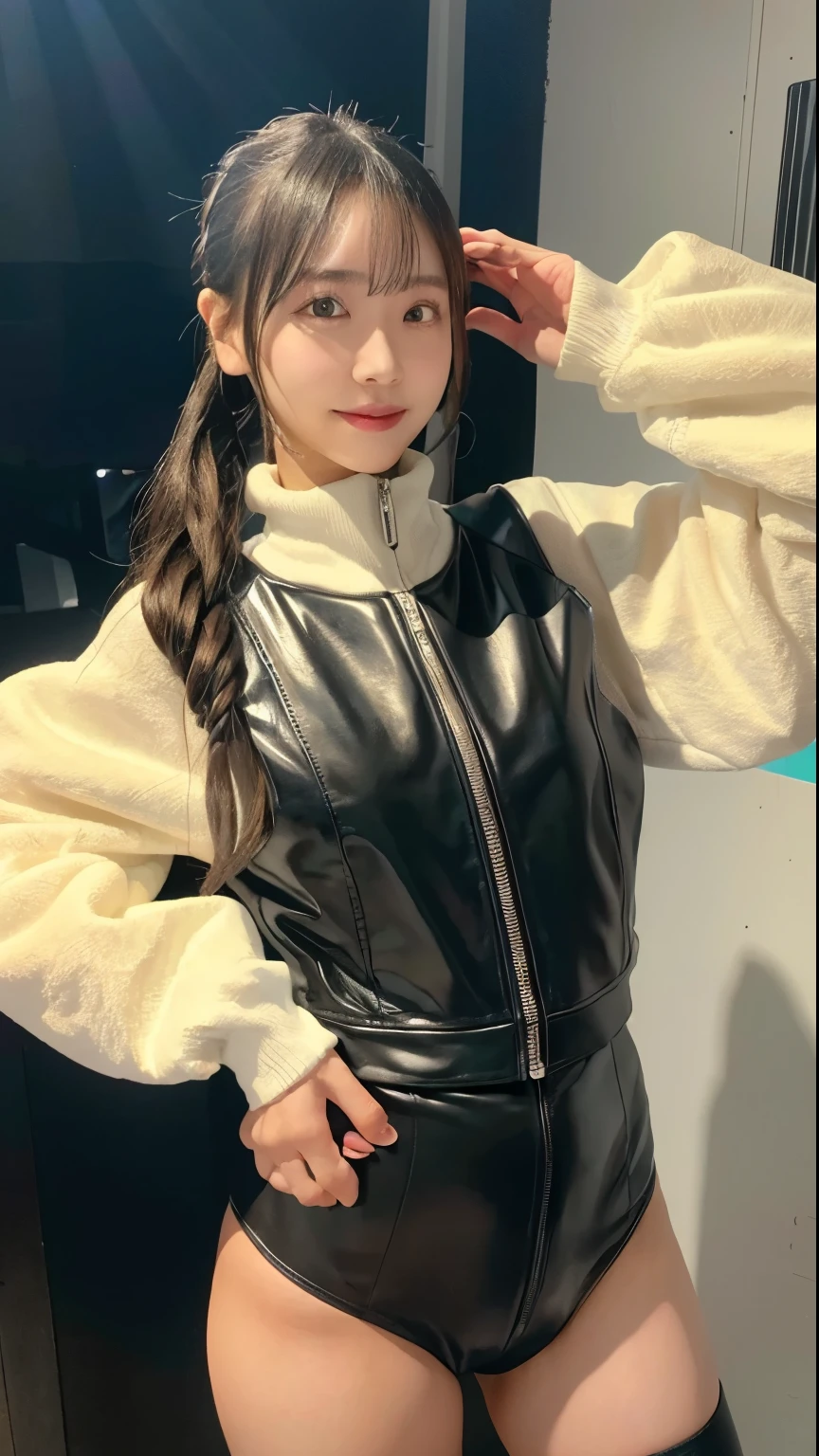 ta, smile, 20-year-old, ((highest quality)), ((masterpiece)), (High resolution:1.3), 3D, beautiful (cyber punk:1.3), Stylish woman looking at camera、Black leather clothing, No sleeve, Embarrassing, I can't see the skin on my lower back, Blue and black leather pants, Silver zipper,Belt below the waist,Ultra-fine illustrations,Blonde , Show your forehead, Silver Center Zipper, Leather Blue Black Bodysuit, No sleeveブルーブラック, Shiny, Blonde Ponytail