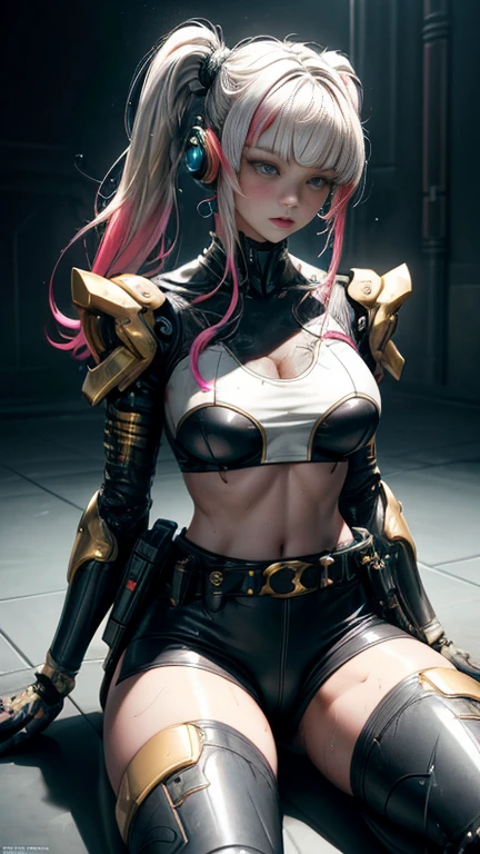 NSFW:1.4、Masterpiece、最high quality、high quality、High definition、High resolution、High detail、Lens flare、Ray Tracing、high qualityのテクスチャー、high qualityの影、Beautiful details、Detailed explanation、Detailed texture、Realistic facial expression、Realistic and colorful、Delicate、Cinematic Light、Side light、Sharp Focus、(1 Female:1.3)、(Intricate details、Makeup、Pure Eros Face_v1:0.5)、(Details Beautiful delicate face、Detailed beautiful delicate eyes、Perfect Facial Proportions、Detailed skin、Charm、Detailed chest、Large upward-facing breasts)、Underboob、(See-through)、Wet、slender、sexy、High Leg、V-Cut、Fancy Twin Tails、Beautiful bangs、(Two-tone gradient hair color)、(high slit)、Knee-high、Thighs、Cyberpunk Boots、White shirt、Crop top、Headphones、Cyberpunk Sleeve Removal、Cyberpunk Belt、Full body photography、Low angle composition、Spread your legs、Color paint、Ink splash、(Take a deep breath、Work on this image step by step)