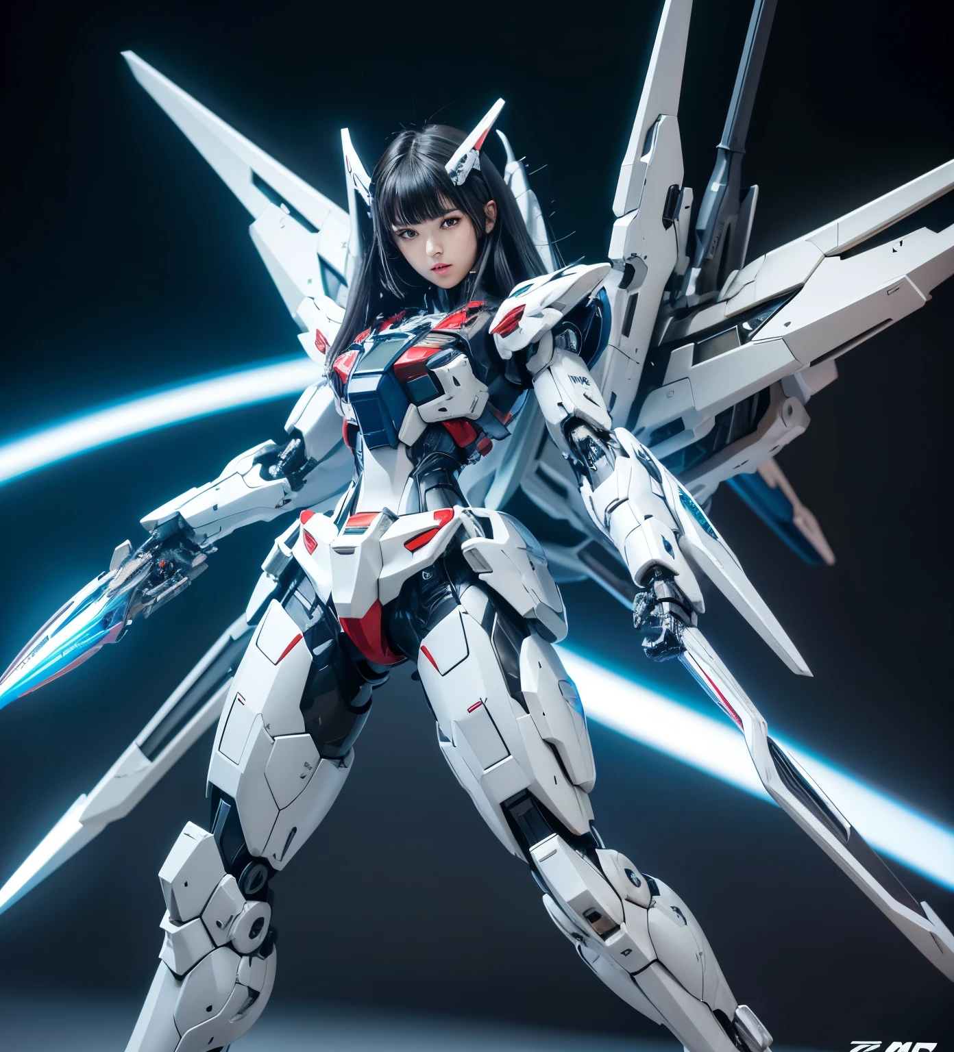 Textured skin, Super Detail, Attention to detail, high quality,high quality, High resolution, 1080p, hard disk, beautiful,(Gundam),Beautiful cyborg woman,Mecha Cyborg Girl,battle mode,Girl with a mechanical body,She wears a futuristic Gundam mecha,Full Body Shot,A powerful cyborg woman, sleek and futuristic, with advanced mechanical augmentations that enhance her strength and capabilities
