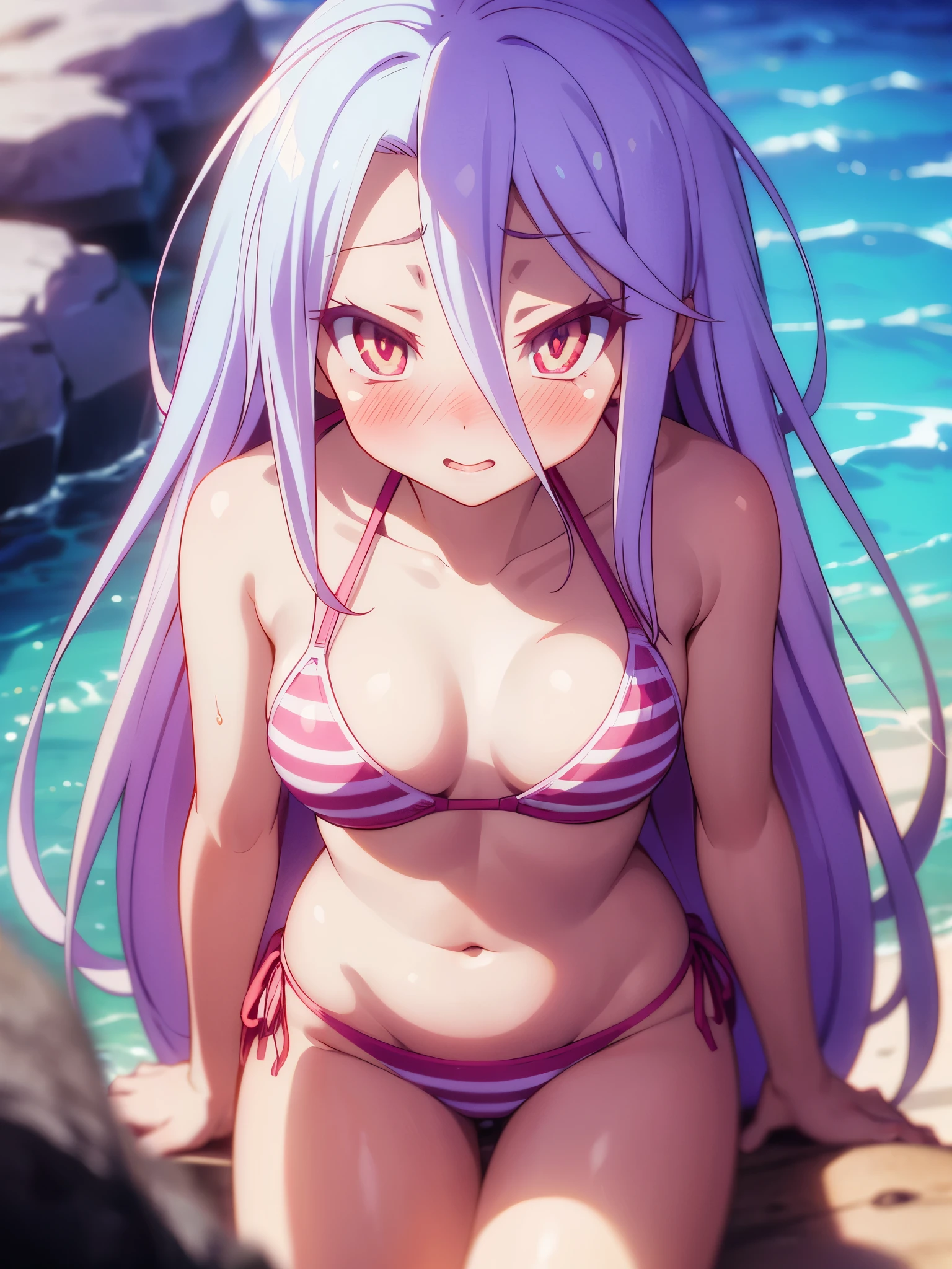 NSFW,One Girl、Long Hair、とてもLong Hair、Hair between the eyes、Red eyes、Bright pupils、Multicolored eyes、Multicolored Hair,(Sexy Bikini:1.5),(Perfect hands),(Perfect Anatomy),(masterpiece),(highest quality),(Embarrassed:1.5),blush,Feeling embarrassed,Sitting,Leg spread,Sandy Beach,Palm tree,Rock Shade,One man,Man standing behind
