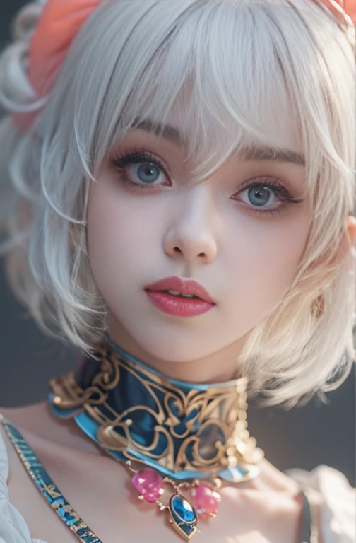28 years old, Close-up portrait of a woman in a colorful clown costume、Shoulders out、thin、Serious expression、Short-haired、Deadly position, Gorgeous Necklace, Light milky porcelain skin, Smooth, Translucent white skin, Enchanting anime girl, Beautiful and seductive anime woman, Ultra realistic sweet bunny girl, Pale porcelain white skin, Smooth, Realistic and perfect body, Anime Girl Cosplay, Perfect body with realistic shadows, Switzerland'masterpiece