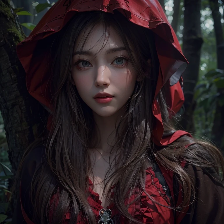 Standing in the forest、Hair flow、 ((highest quality、masterpiece、8k、Best image quality、Ultra-high resolution、Award-winning works)、(Accurate anatomy:1.1)、(Look at me and smile:1.1)、Shining fair skin with Ultra-high resolution、The most detailed face、Ultra-high resolution detailed face、Ultra-high resolutionの髪の毛、(Ultra-high resolution eye:1.1)、Beautiful face drawn in every detail、little red riding hood Costume , Chest to chest, Strange atmosphere, A real werewolf stares at her...., Dark Light, in the forest , Heavy makeup