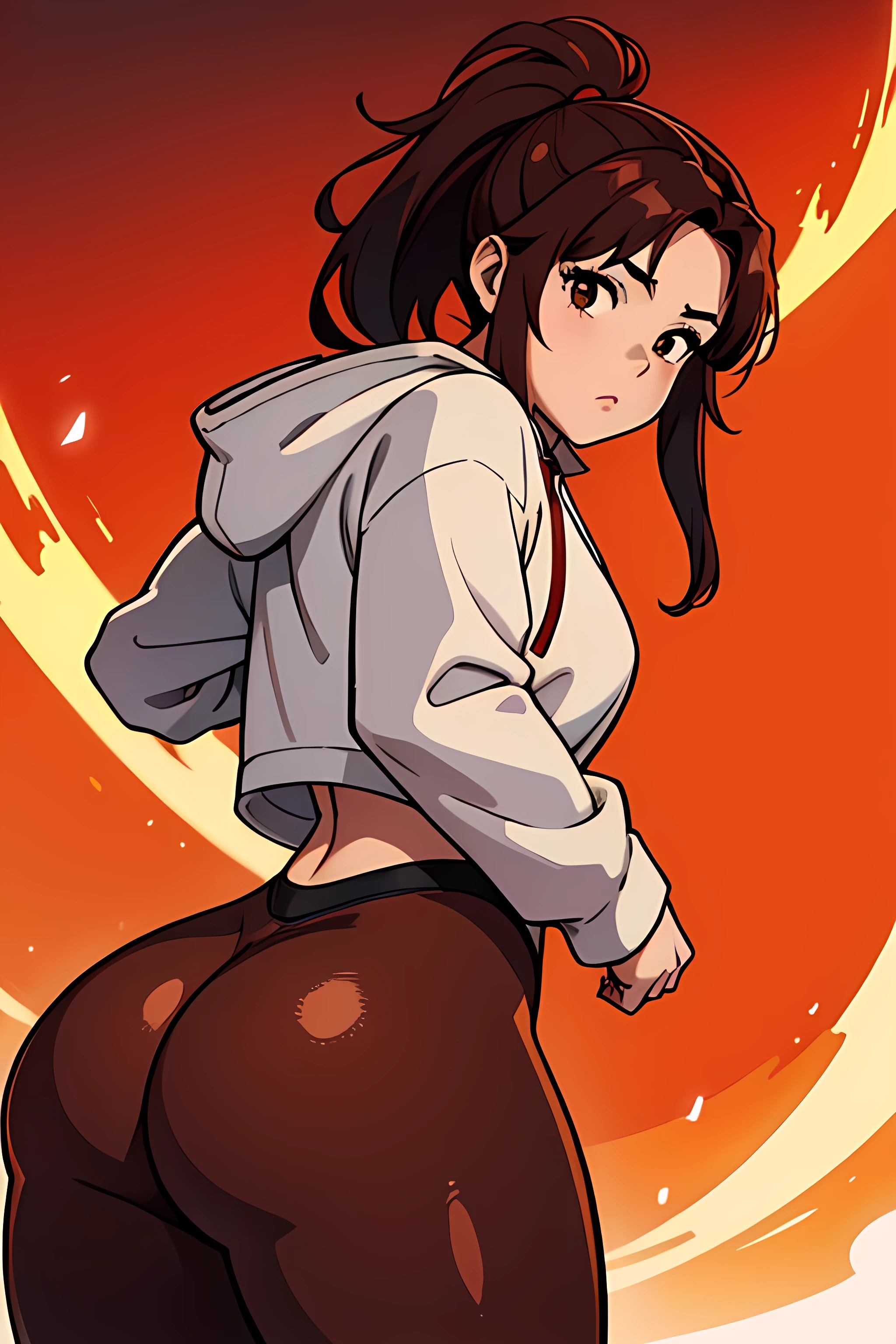 ​masterpiece、top-quality、Movie stills、1 female、Brown hairs、Colossal 、Huge ass、red body suit、Brown eyes、thick thighs、poneyTail、wide hips、Thigh muscles、Strong thighs、White hoodie 、(Spark:0.7)、Kunoichi