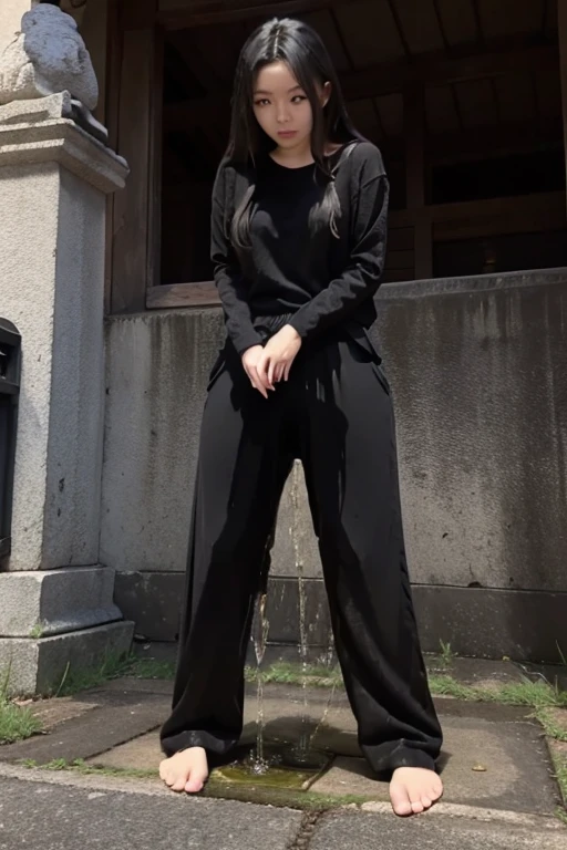 Japanese Girl sees the ghost and pees her black palazzo pants until her pants are wet in fright.