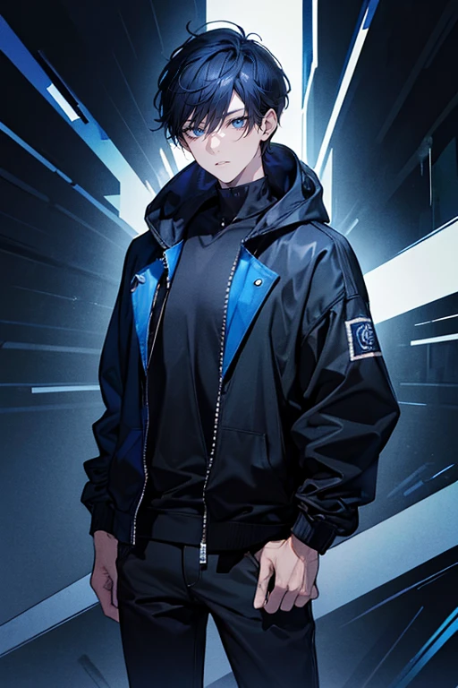 (masterpiece, top quality, super definition, high definition), male, dark blue hair and black eyes, short hair down, wearing black hoodie jacket, soft relaxed expression looking directly at the viewer with his both hands in his pockets