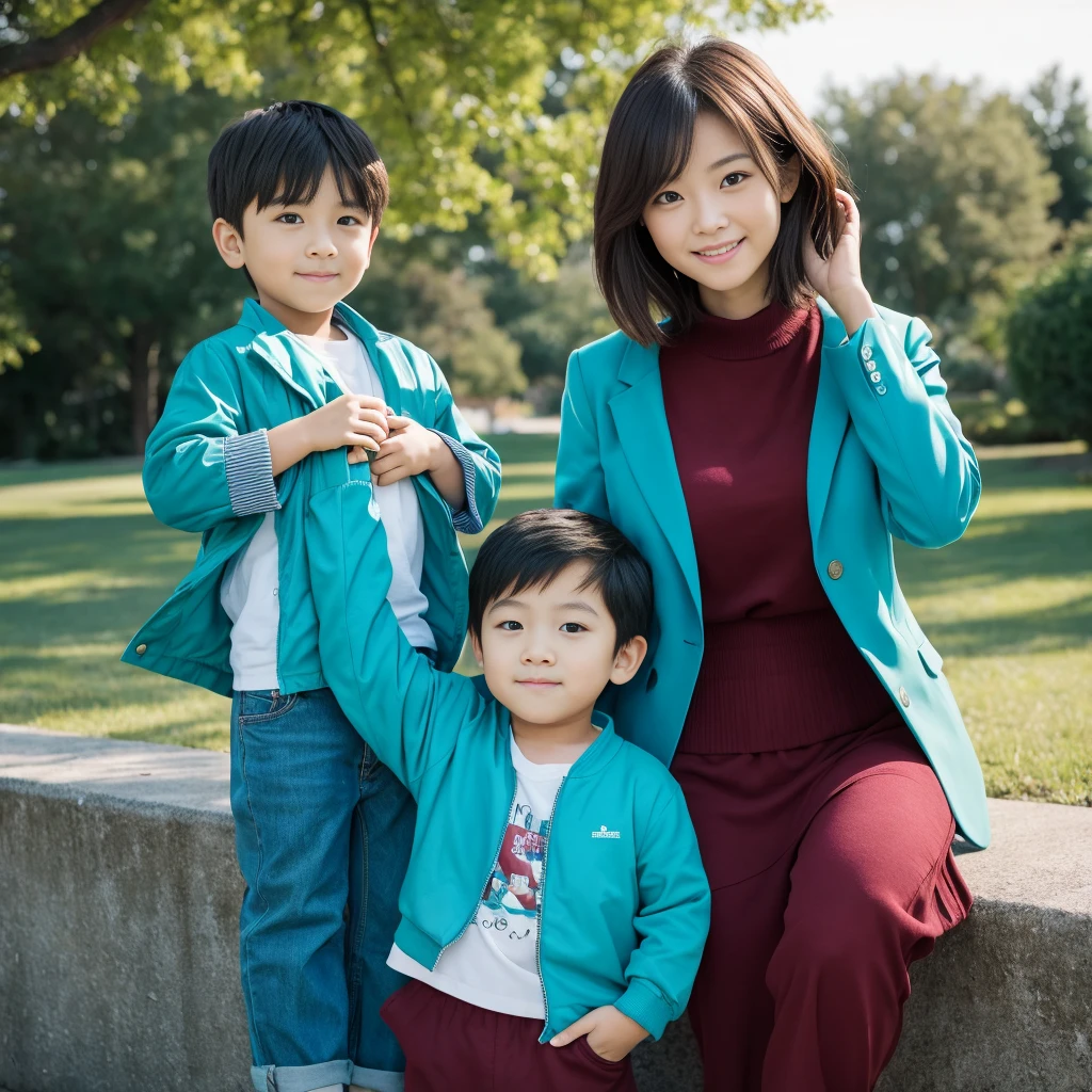 highest quality,masterpiece,超A high resolution,Perfect Anatomy,(Faithfulness:1.4),RAW Photos,smile,Children of short-haired boys,Woman with long hair and 2 year old boy with short hair,a woman and small boy, Mom and short-haired son,Gorgeous Mother And Smiley Boy,(Big tree々Parks with)(((Big treeの後ろに隠れている母)))、(hide and seek)Cowboy Shot,Cinema Lighting,Fashion model parents,Adorable,, (Browsing Caution:1.2)、(Black-haired baby looking for his mother)、(Long-haired mom and short-haired son)、(Mother in turquoise jacket and son in maroon jacket)