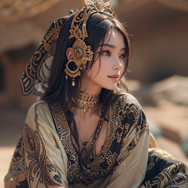 Hiding in the desert、Hair flow、 ((highest quality、masterpiece、8k、Best image quality、Ultra-high resolution、Award-winning works)、(Accurate anatomy:1.1)、(Look at me and smile:1.1)、Shining fair skin with Ultra-high resolution、The most detailed face、Ultra-high resolution detailed face、Ultra-high resolution hair、(Ultra-high resolutionのeyes :1.1)、Beautiful face drawn in every detail、(Blurred Background:1.1)、Ancient Islamic clothing, Chest to chest, tattoo, Old ruins in the background、Black leopard