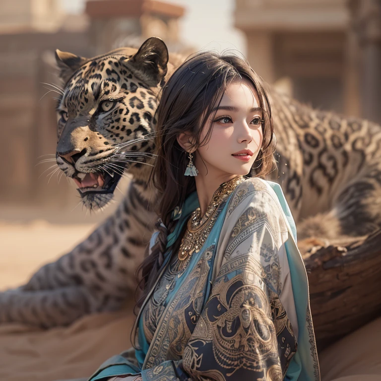 Hiding in the desert、Hair flow、 ((highest quality、masterpiece、8k、Best image quality、Ultra-high resolution、Award-winning works)、(Accurate anatomy:1.1)、(Look at me and smile:1.1)、Shining fair skin with Ultra-high resolution、The most detailed face、Ultra-high resolution detailed face、Ultra-high resolution hair、(Ultra-high resolutionのeyes :1.1)、Beautiful face drawn in every detail、(Blurred Background:1.1)、Ancient Islamic clothing, Chest to chest, tattoo, Old ruins in the background、Black leopard
