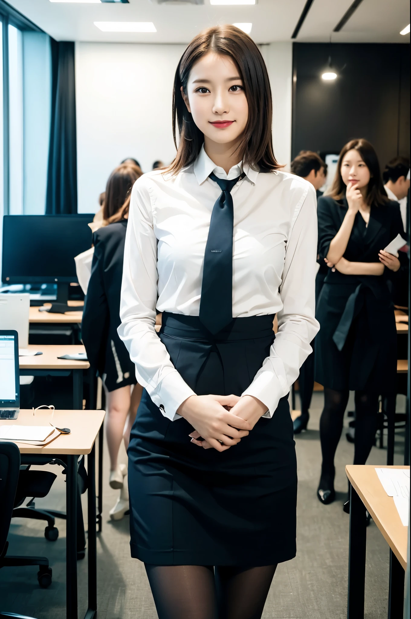 (((masterpiece))), (((highest quality: 1.4))), ((Super detailed: 1.4)) , 白いsuitを着たエレガントな女性, (Beautiful legs、Thighs Thighs Thighs Thighs、Black Pantyhose)、sitting at a desk in an office、厳格な白いsuitを着用, 高級suit, suitを着た女の子, suitを着た女の子, 厳格なsuitを着て, Elegant skirt, Ekaterina, suitを着て, suit,　suitを着用する, smile、Meeting Preparation、to be born,Octane Rendering、Complex 3D rendering with ultra-detail, Studio Soft Light, Rim Light, Crisp details, Super detailed, Realistic skin texture, detailed aspects, Beautiful details in the eyes, Highly detailed CG Unity 16k wallpaper, Compensate, (Detailed Background:1.2),Glowing Skin、Exposed thighs!!!