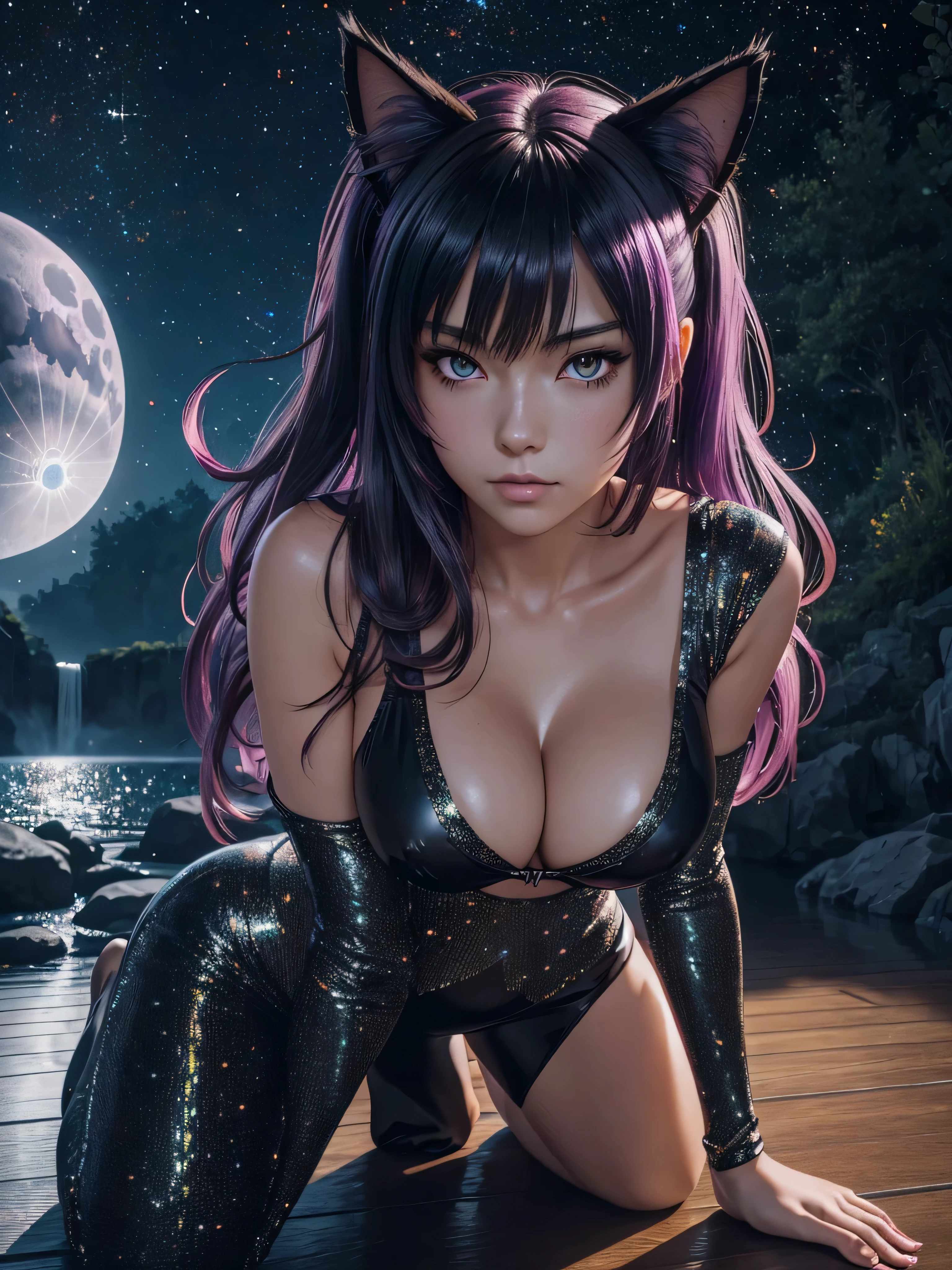 anime girl with cat ears and red lingersuit posing for a picture, seductive anime girl, hyperrealistic , beautiful alluring anime woman, 3d anime girl, attractive anime girl, seductive. highly detailed, anime highly detailed, , beautiful alluring anime teen, anime girl, a hyperrealistic , photorealistic anime girl render, yuri, cleavage, Mesmerizing eye contact, wooden floor, realistic, black hair, Watercolor touches, glitter lingersuit, amber eyes, big_natural_breasts, sagging_breasts, medium_breasts, Busty Milf, kneeling_forward, large_breasts, nsfw, luminescent lingersuit paint, night sky, full moon, hand on own head, waterfall, bioluminescent violet hair, niples