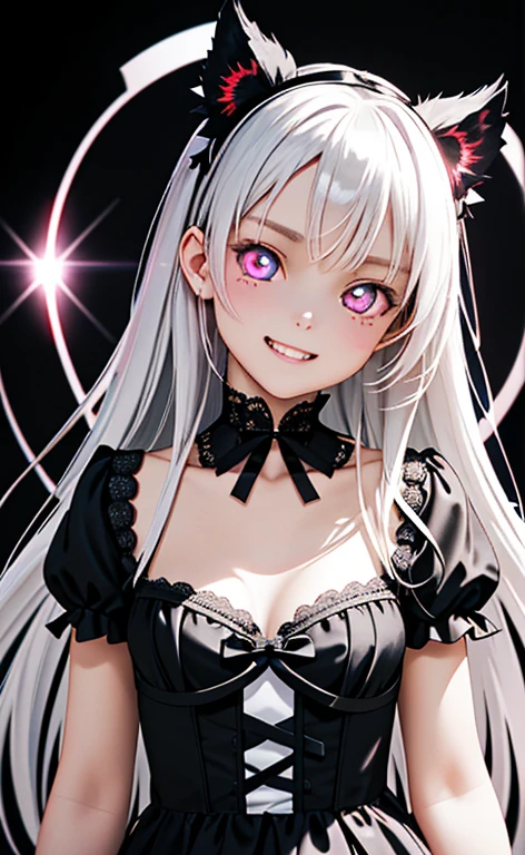 (Photorealistic:1.4)、asuna,(masterpiece、lens flare:1.5、spot light:1.2、Exquisite beautiful eyeonochrome:1.5,portlate、)(little devil),()
、Cute Face、 3D Face、(pearl white hair:1.5、Straight Hair)、(two side up:1.3),(1 Girl)、(Red eyes:1.2)、(upper body)、(evil grin:1.3)、(head tilt) ,(Cute face:1.2),(flat chest),(),kind face,(white lace frilled gothic lolita),(black background:1.5)、(glowing eyes:1.3)、()、 Neat and clean、Adorable、Slim Body(Tareme:1.5),Shiny Hair、(Glowing pink Skin)、Nijisketch,Manga,zydG