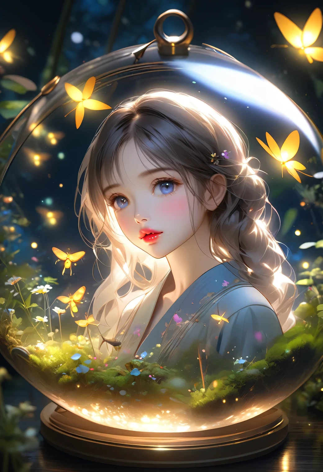 masterpiece:1.2, highres, highest quality, beautiful detailed, ultra-realistic, photorealistic:1.37, (double exposure cute girl in the spherical terrarium:1.5), (layered cute girl holding cute girl in the spherical terrarium):1.2, crescent moon, meadow lake scenery with fireflies flying around, kimono, beautiful delicate(hair, eyes, pupils, lips, firefly)