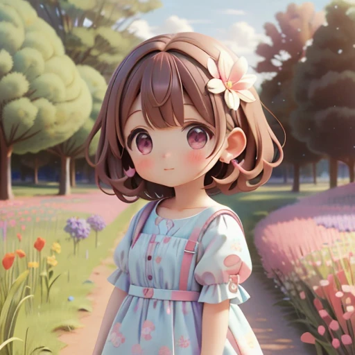 Brown Hair、One girl、short hair、Flower Field、Flowers on ears、Light blue clothes、Pink Hair、Put the whole body in