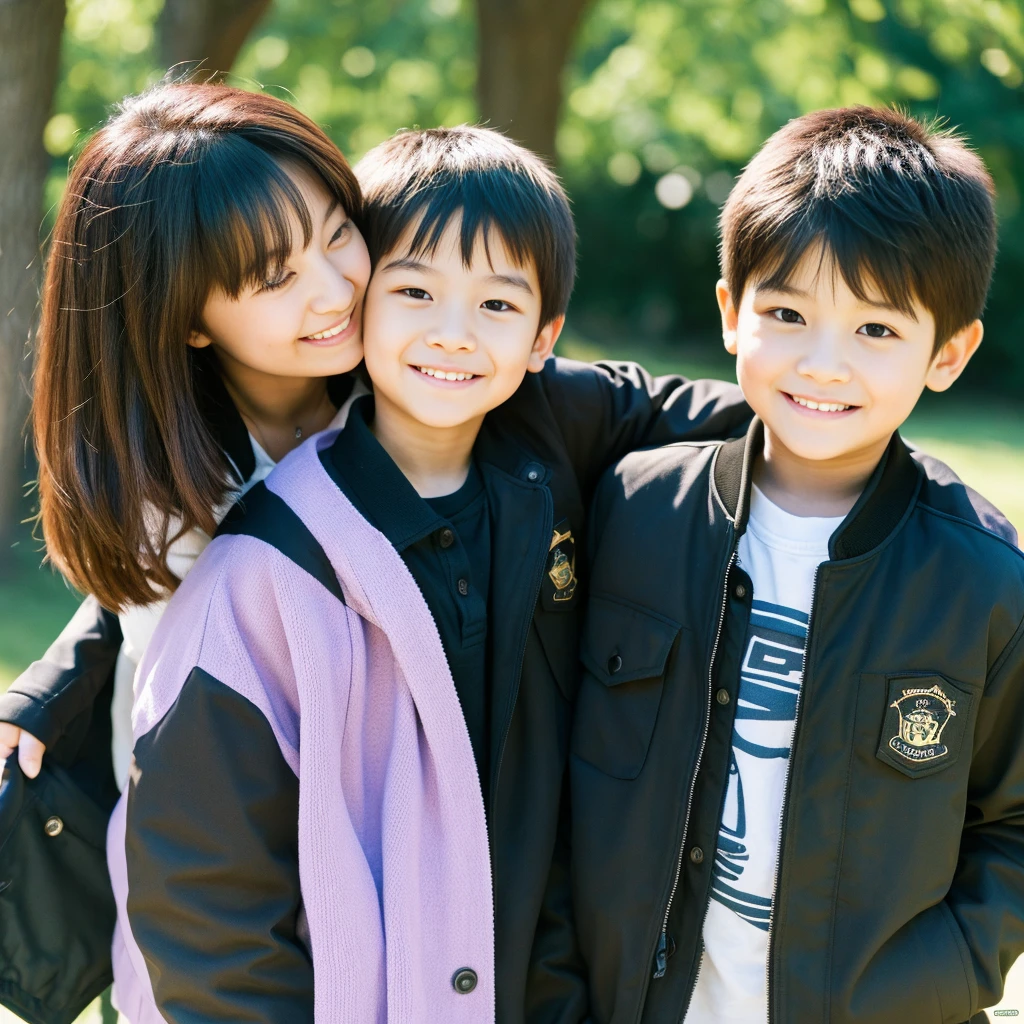 highest quality,masterpiece,超A high resolution,Perfect Anatomy,(Faithfulness:1.4),RAW Photos,smile,Children of short-haired boys,Woman with long hair and 2 year old boy with short hair,a woman and small boy, Mom and short-haired son,Gorgeous Mother And Smiley Boy,(Big tree々Parks with)(((Big treeの後ろに隠れている母)))、(hide and seek)Cowboy Shot,Cinema Lighting,Fashion model parents,Adorable,, (Browsing Caution:1.2)、(Black-haired baby looking for his mother)、(Long-haired mom and short-haired son)、(Mother in a black jacket and son in a mauve jacket)