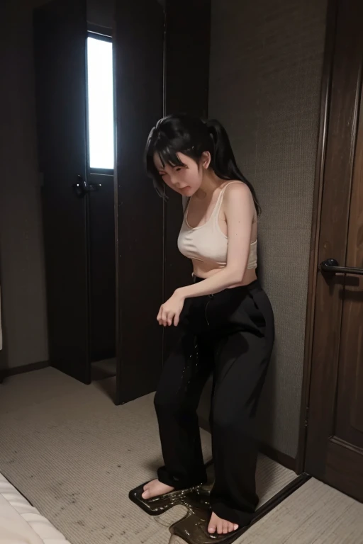 Japanese Girl sees the ghost and pees her black palazzo pants until her pants are wet in fright.