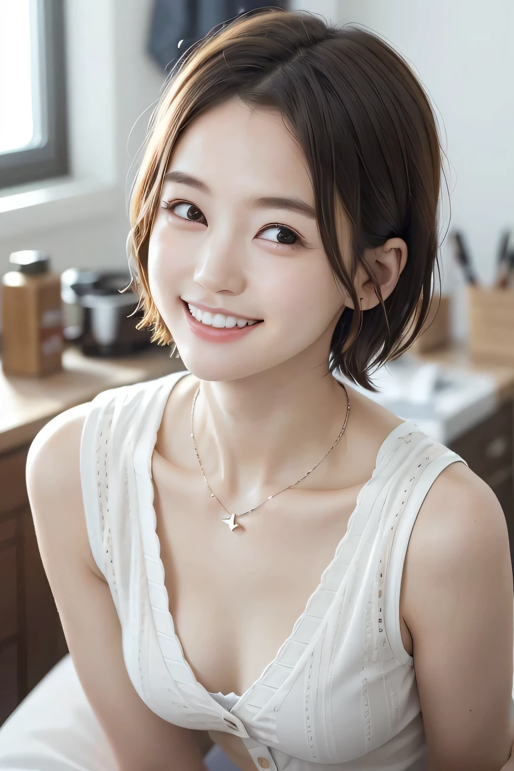 205 ((short hair)), 20-year-old female, In underwear、cardigan、Open your mouth、smile、Beautiful teeth alignment、Black Hair、ear piercing、Necklace around the neck、Looking into the camera, Waiting for the start