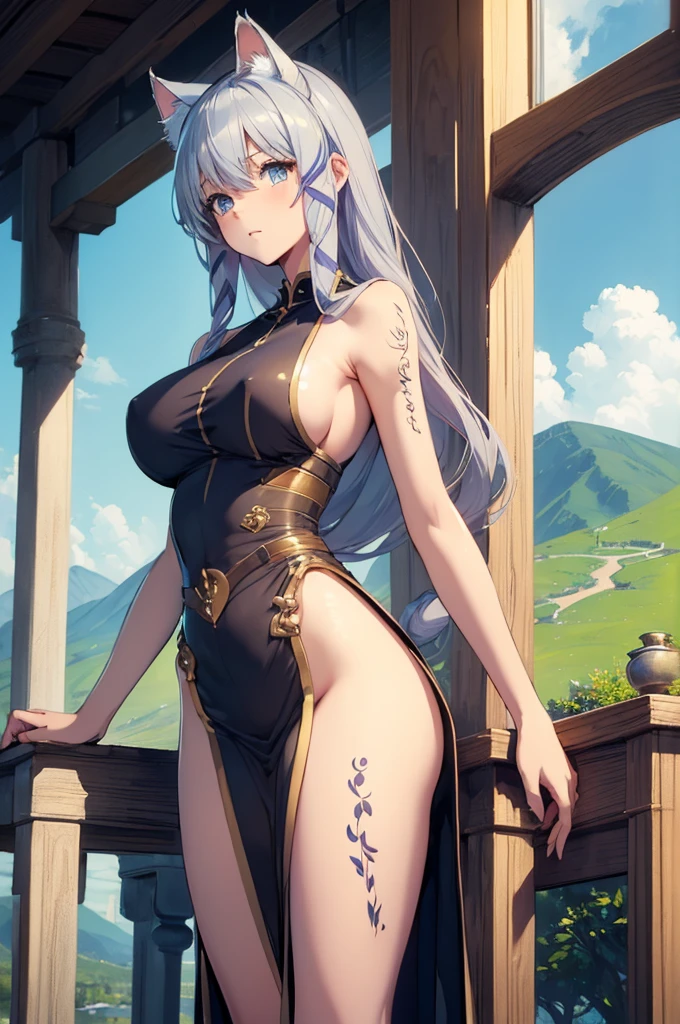 (masterpiece、top-quality:1.2)、solo、Delicate、Beautiful face、a beauty girl、1girl in、Cat's ears、Cat tail、silber hair、Blue eyes、Posing naked、、Emphasize the valley、Very big、on breast、a lot of、wide hips、Beautiful hip line、pretty pose