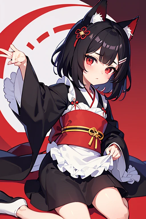 Chica gato, pelo negro y corto,ojos rojos, kimono blanco y rojo es timida y hermosa rodeada de zorros blanco
