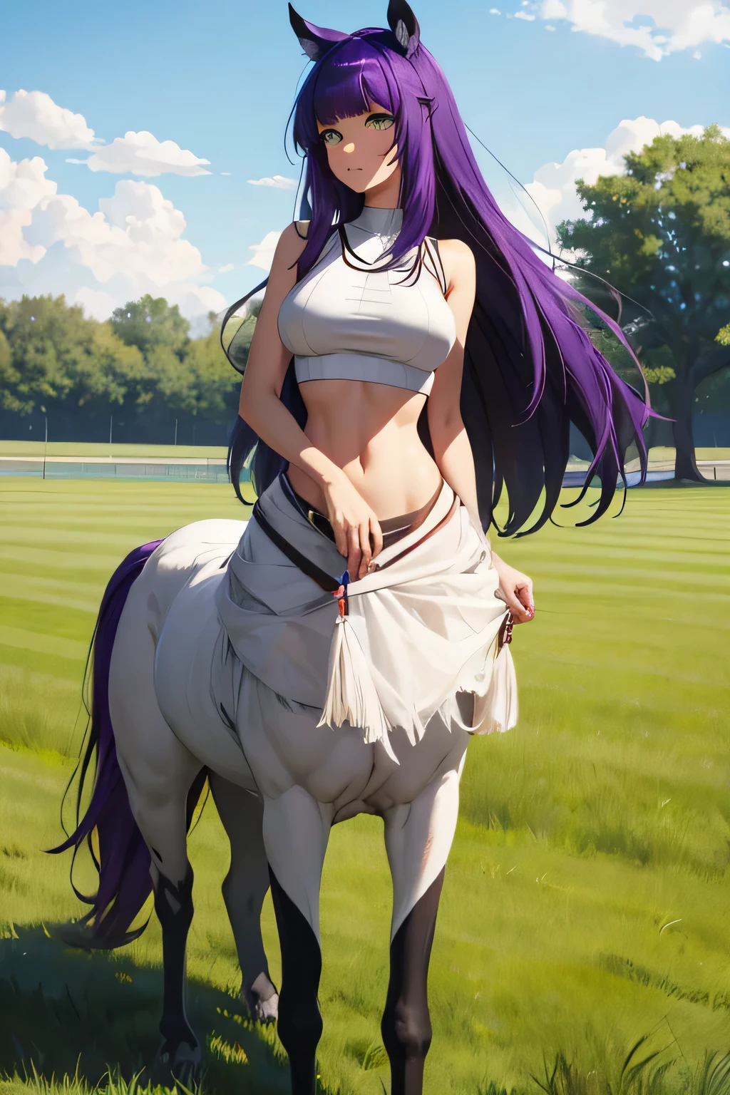 tall black furred centaur long side purple hair and green eyes, wearing white crop top standing on a grass in the background there is a fantasy grass fields
