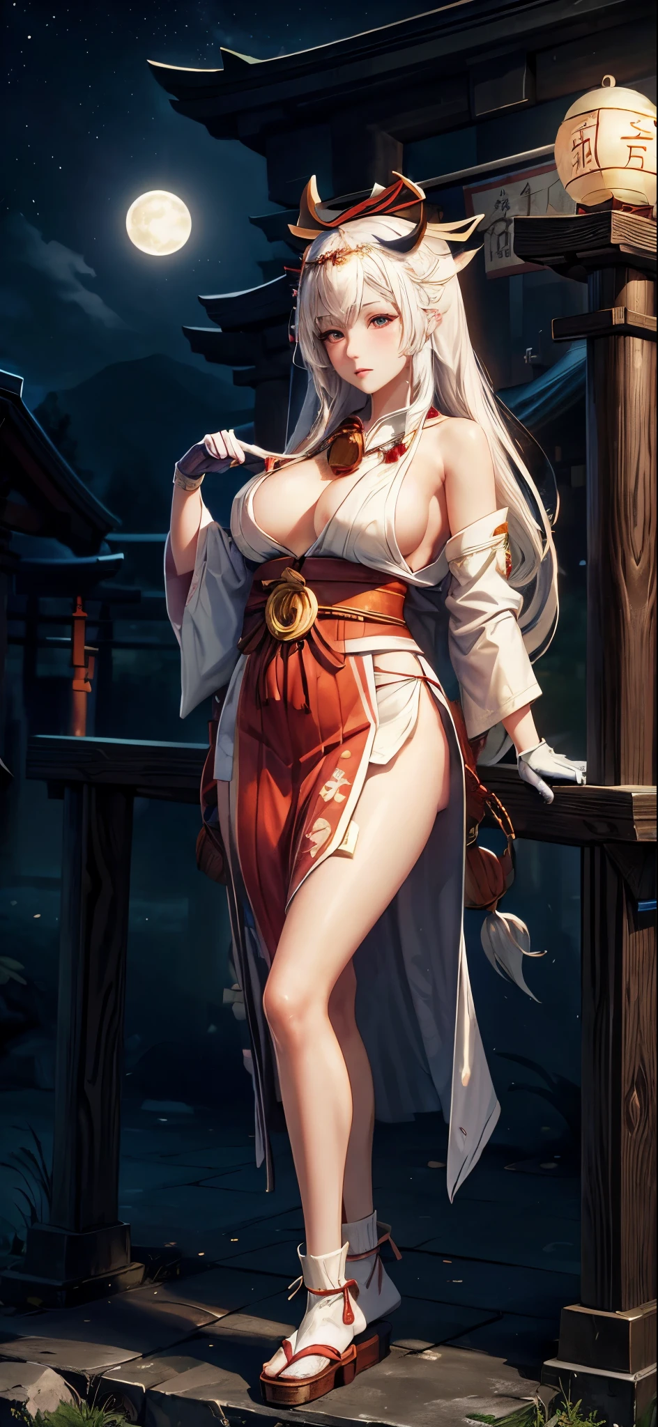 a beautiful girl, Beautiful face, Beautiful body, Plump, ((shrine maiden)), Priestess clothing, white hair, gloves, long hair, hair decoration, full body visible, Japanese Shrine, torii gate, Lamp, wide angle, Light moon, 12k, accurate, anatomically correct, textured skin, high detail, best quality