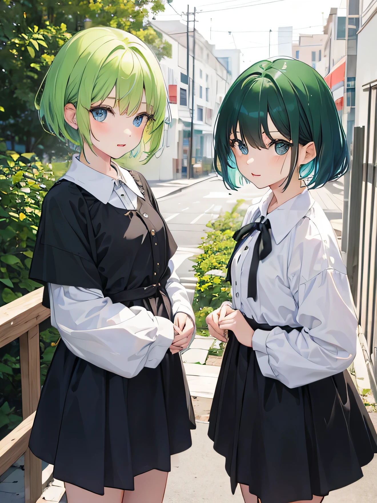 young girls, twin, green hair, short hair, blue eyes, short, kindergarten