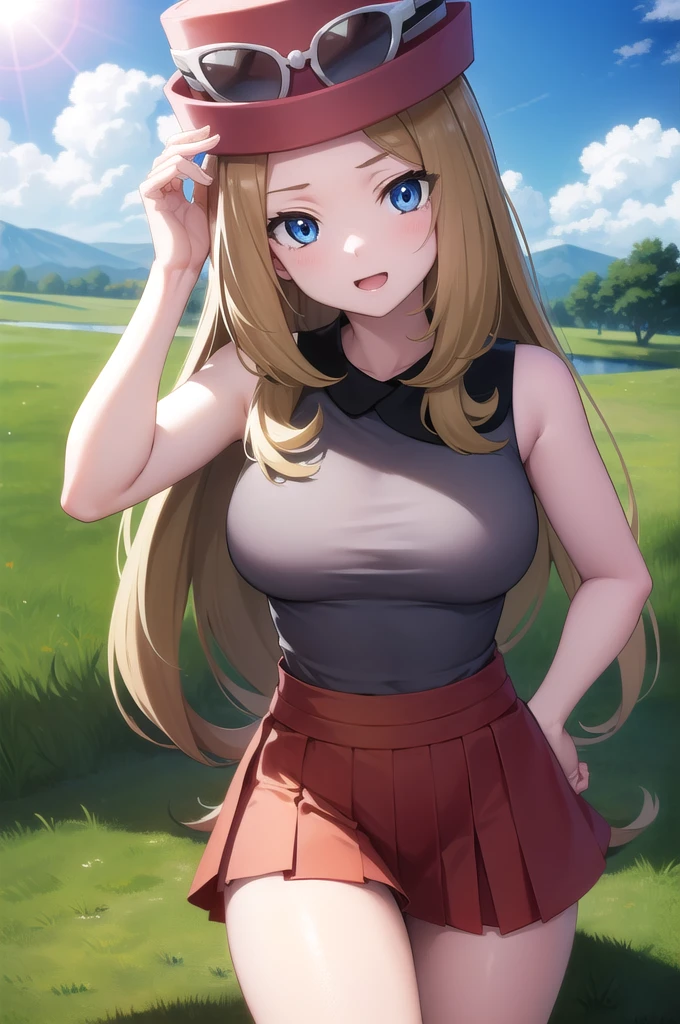 pokemonserena, serena, long hair, blue eyes, brown hair,
BREAK eyewear on head, hat, skirt, sunglasses, shirt, black shirt, sleeveless, red skirt, pink hat,
BREAK outdoors, nature, forest, grass, sky, sun, clouds,
BREAK looking at viewer,
BREAK (masterpiece:1.2), best quality, high resolution, unity 8k wallpaper, (illustration:0.8), (beautiful detailed eyes:1.6), extremely detailed face, perfect lighting, extremely detailed CG, (perfect hands, perfect anatomy),