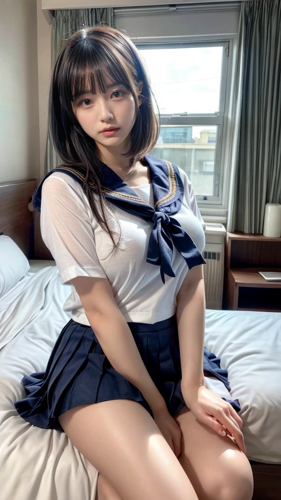 masterpiece, best quality, illustration, Super detailed, fine details, High resolution, 8K,wall paper, perfect dynamic composition,(Details High quality, realistic depiction of eyes:1.3), (Sailor Uniform, serafuku, Navy pleated skirt), large breasts,short bob hair, black hair color, Big Natural Color Lip, bold sexy pose, crying a little、cold gaze, Harajuku style、20 year old girl、cute type、lolita、beautiful legs, hotel room, hposing Gravure Idol, woman on top, straddling, sitting)