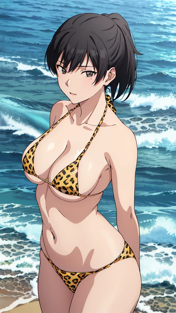(masterpiece, 4K, highest quality, anime style: 1.9, Detailed face, Lovely, Ocean,Bold Line, High resolution, anime, Lake 4. alone, Curvaceous, Thighs, Cleavage, Center of chest, Very slim belly, Cowboy Shot, (Leopard print micro bikini),1 girl, Hibiki Tsukahara, Black Hair